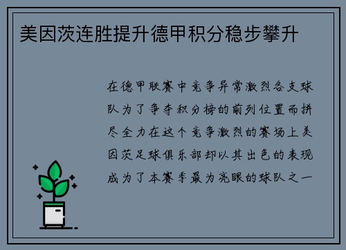 美因茨连胜提升德甲积分稳步攀升